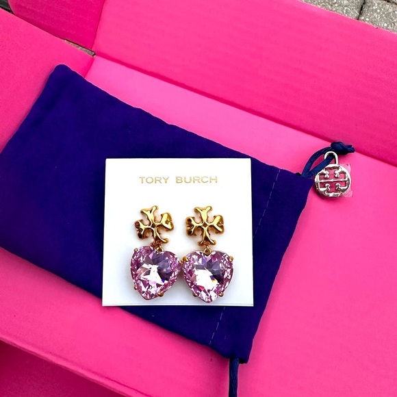 Pink 💖Tory Burch Crystal Heart Earrings Kira gold logo studs miller earring - Picture 4 of 11